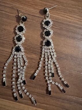 VINTAGE Dangle Crystal Fringe Earrings with Black Stones